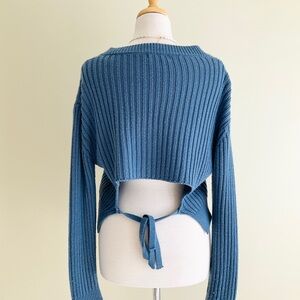 OAK + FORT Ribbed Blue Tie-Back Cropped Sweater